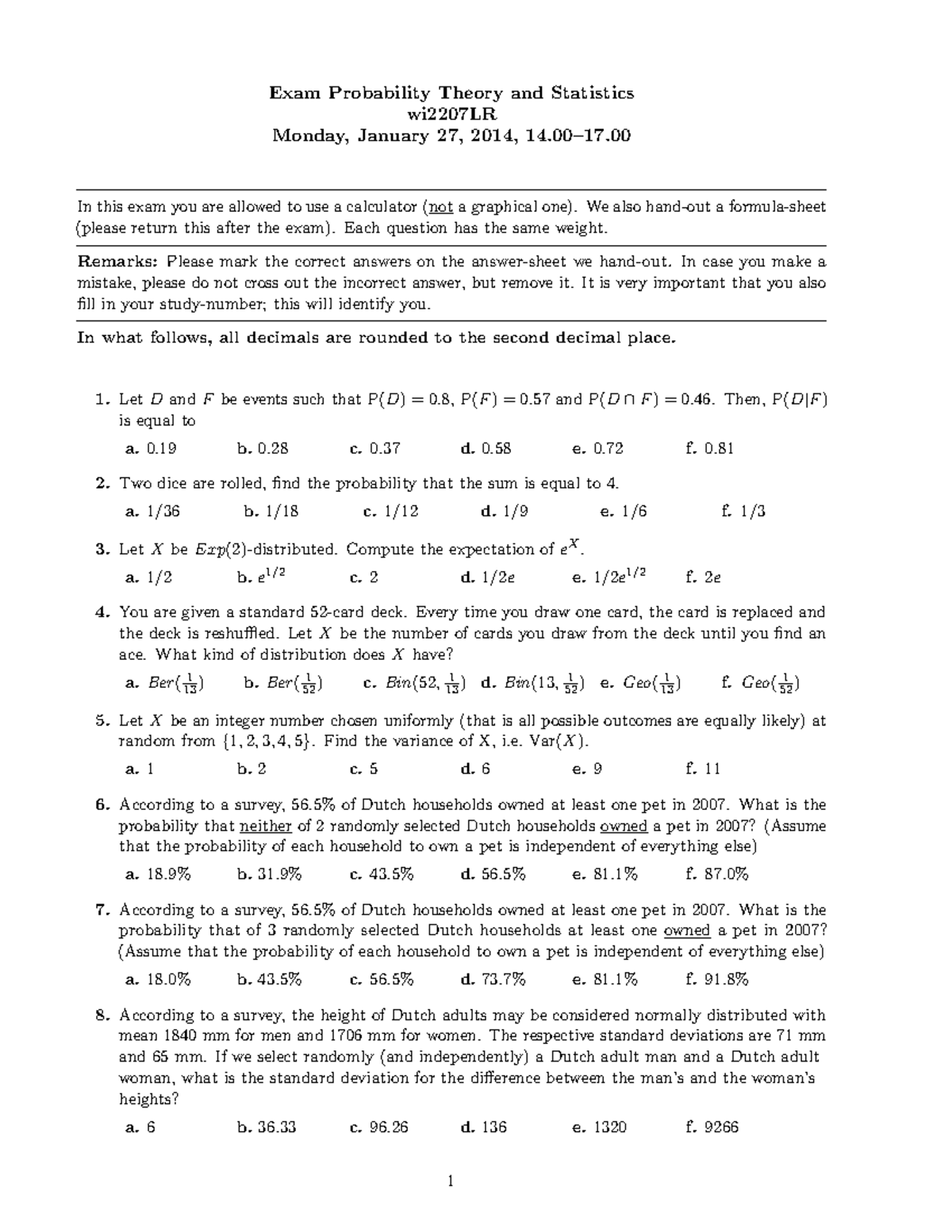 **wi2207LR Final Exam Questions and Answers on Probability Theory ...