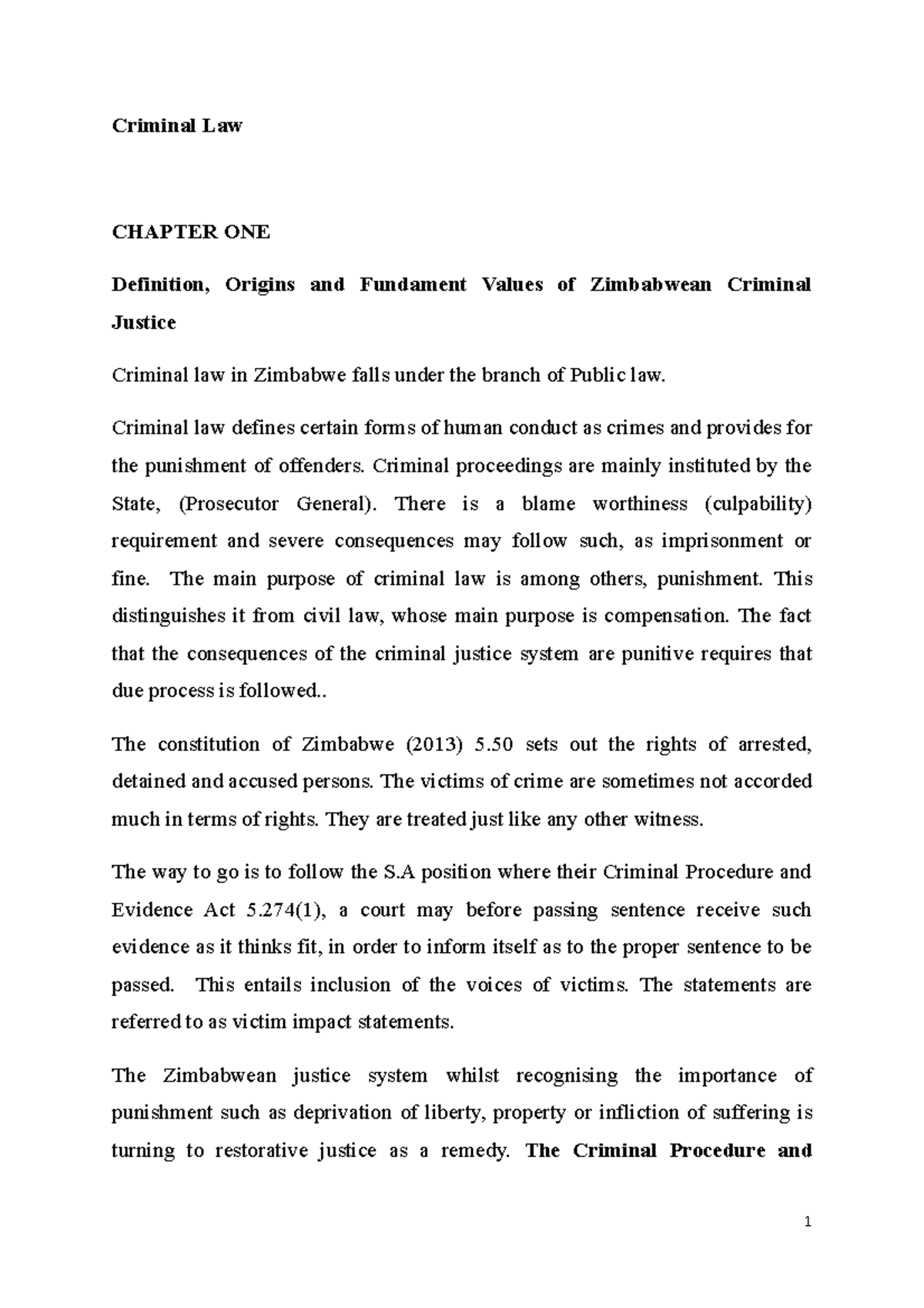 Criminal Law (CL 101): Key Notes on Zimbabwean Legal Principles - Studocu
