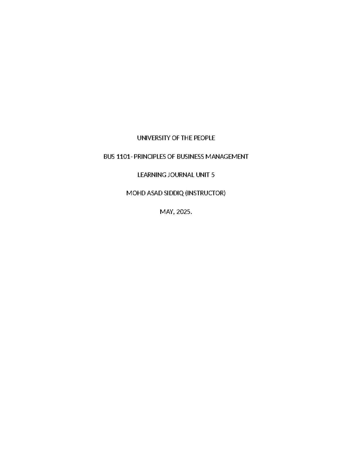 BUS 1101 Principles of Business Management Learning Journal Unit 5 ...