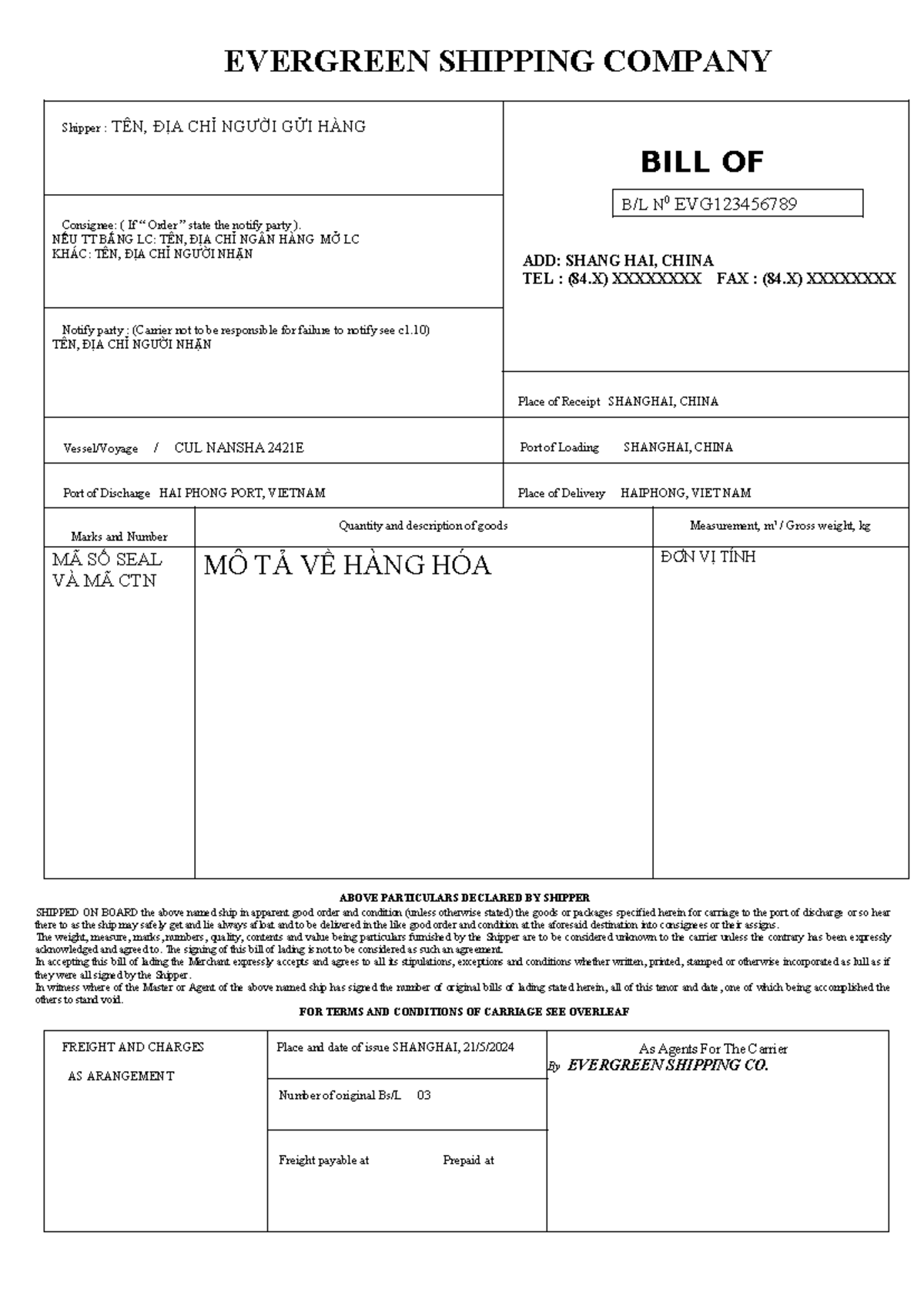 Bill of Lading - EVERGREEN SHIPPING CO. - EVG123456789 - Studocu