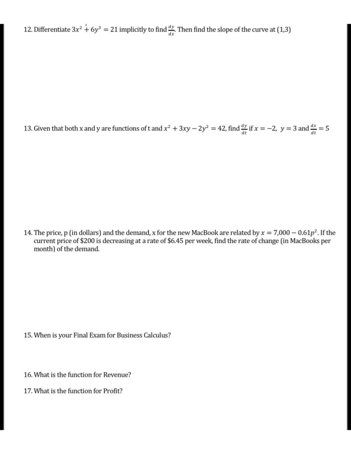 Business Calculus Final Exam Study Guide - Studocu