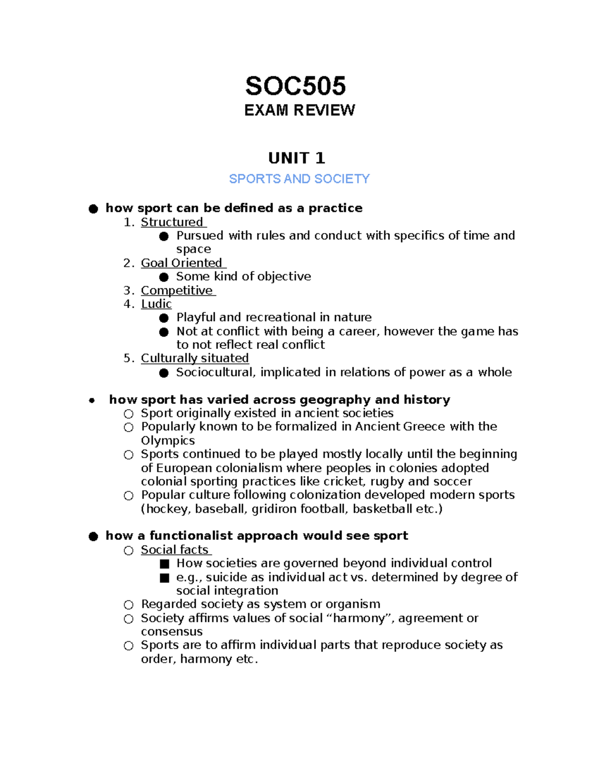 SOC 505 test 1 review - SOC EXAM REVIEW UNIT 1 SPORTS AND SOCIETY how ...
