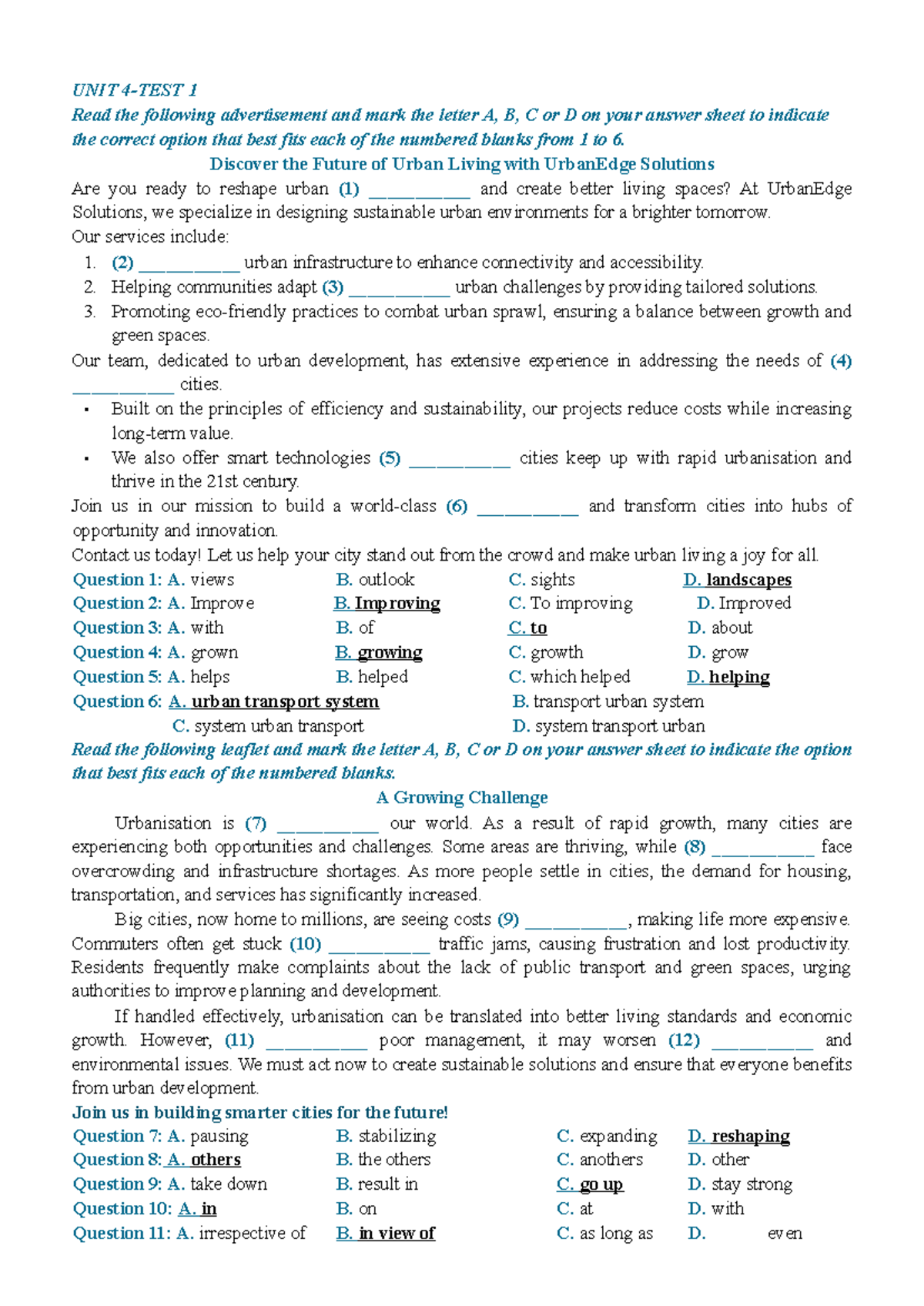 U4 Test 1,2 Answer Key - Urbanization and Its Impacts - Studocu