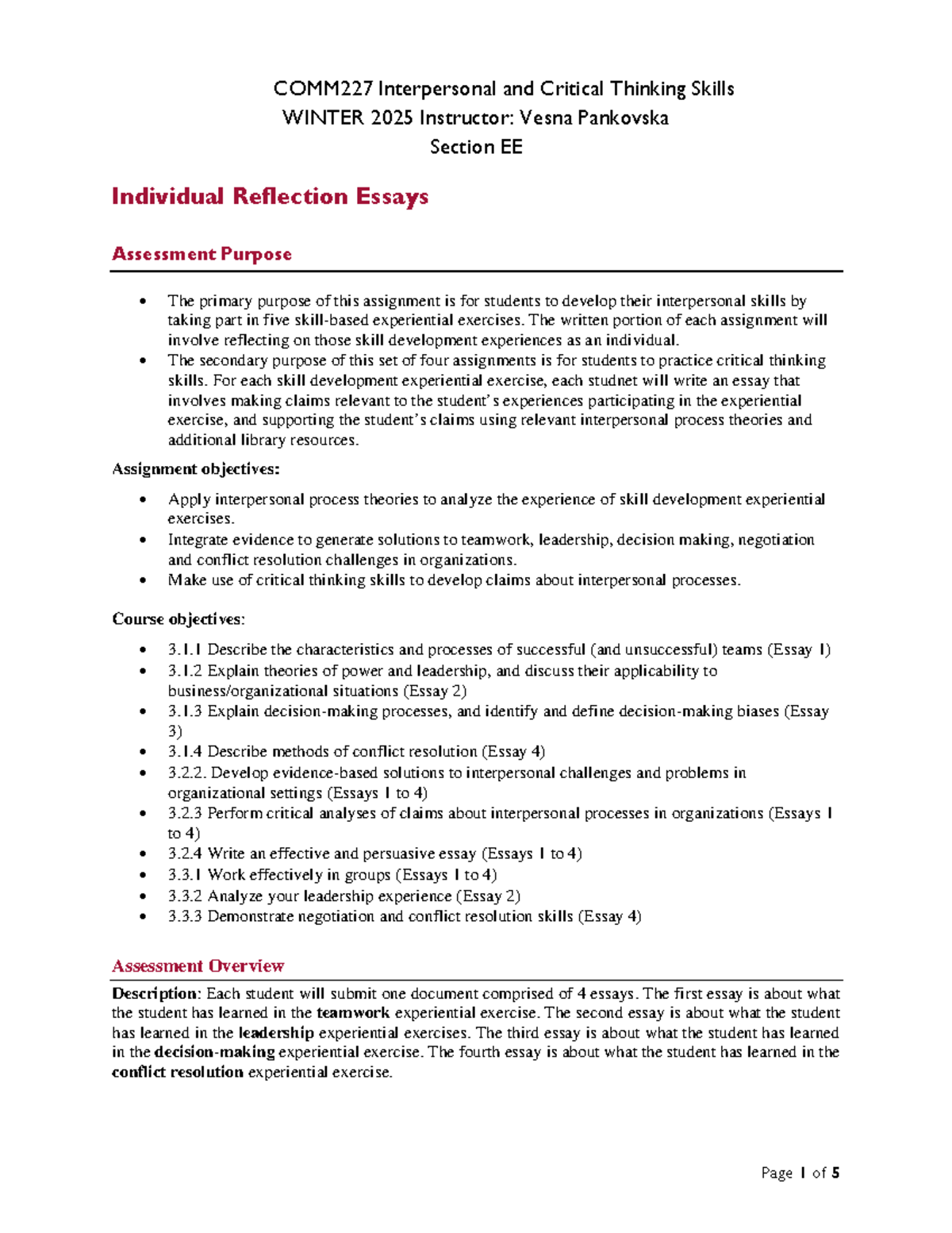 COMM 227 Individual Reflection Essays Guidelines Up to Date - COMM227 ...