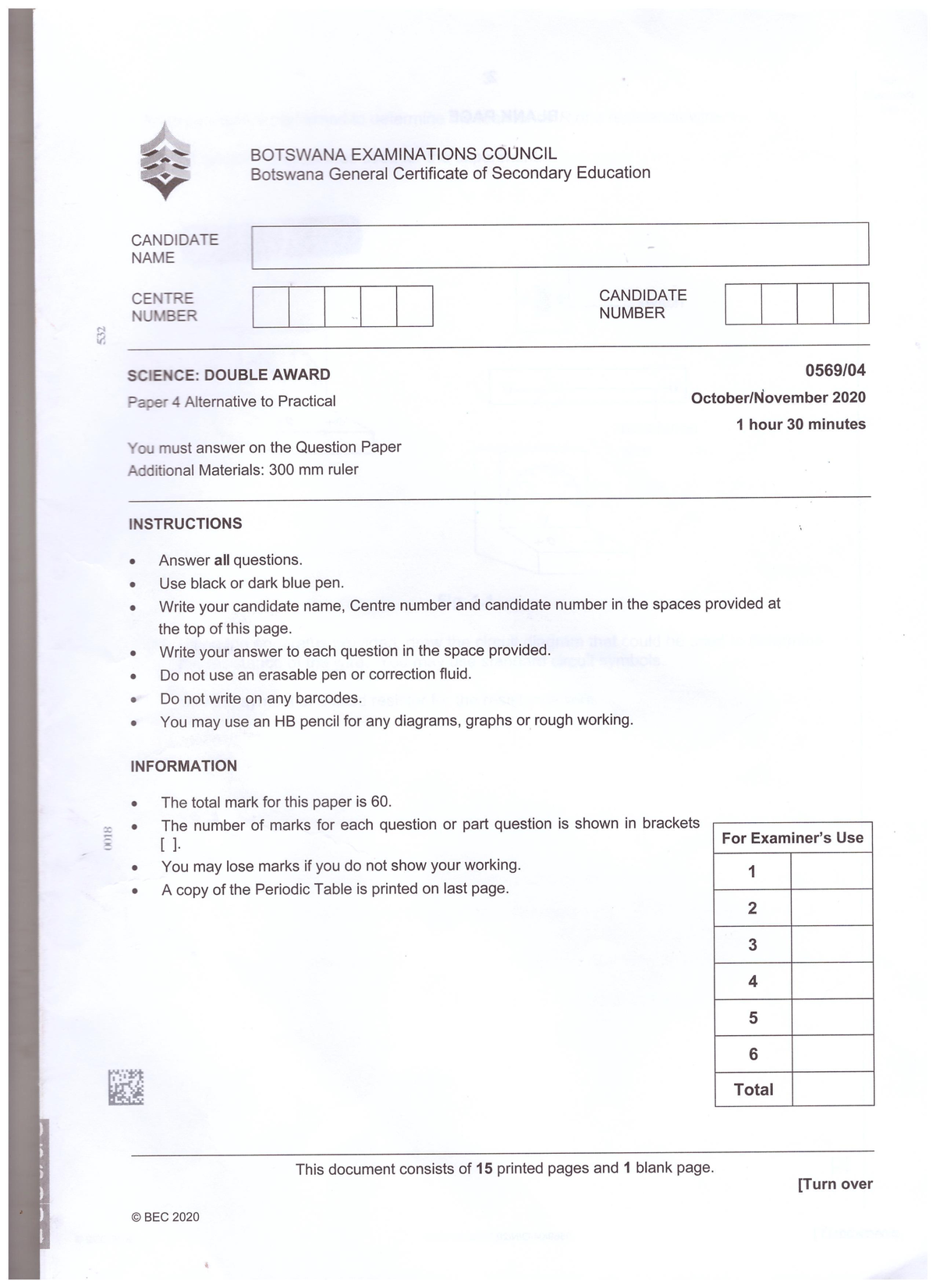 BOT 532 Science Double Award: Paper 4 Alternative to Practical 2020 ...