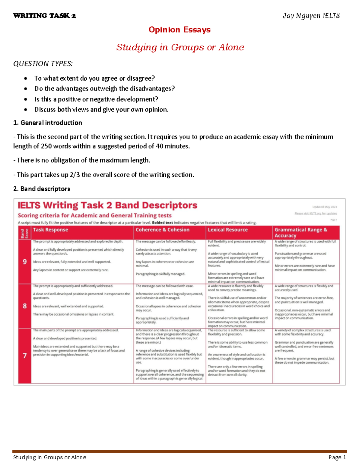 IELTS WRITING TASK 2: Studying in Groups or Alone - Opinion Essays ...