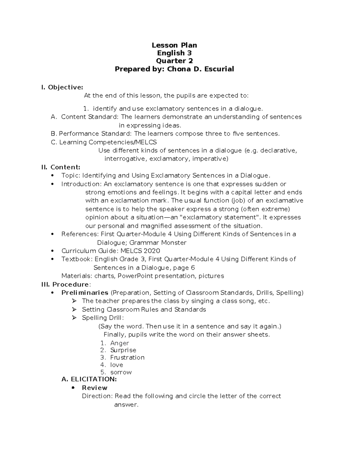 English Lesson Plan - Lesson Plan English 3 Quarter 2 Prepared by ...
