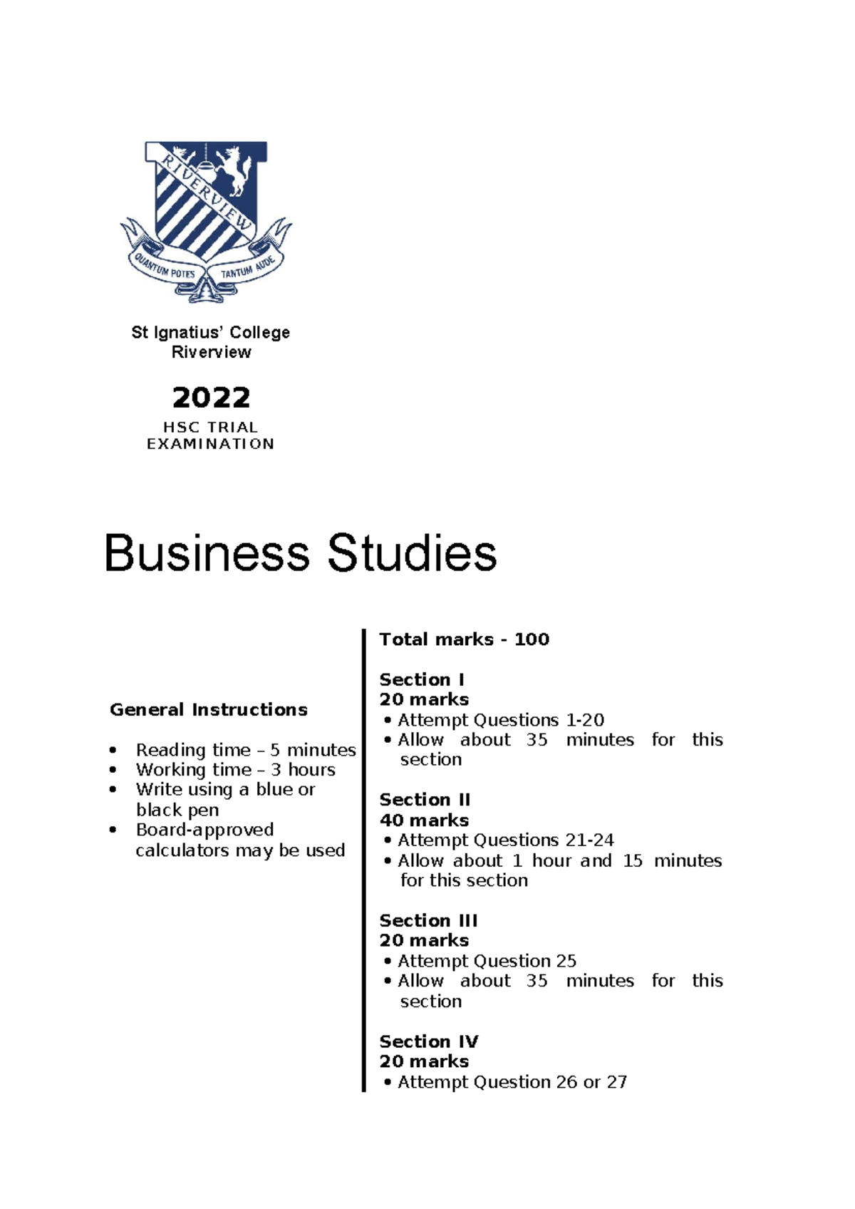 2022 HSC Trial Exam Business Studies - St College Riverview - Studocu