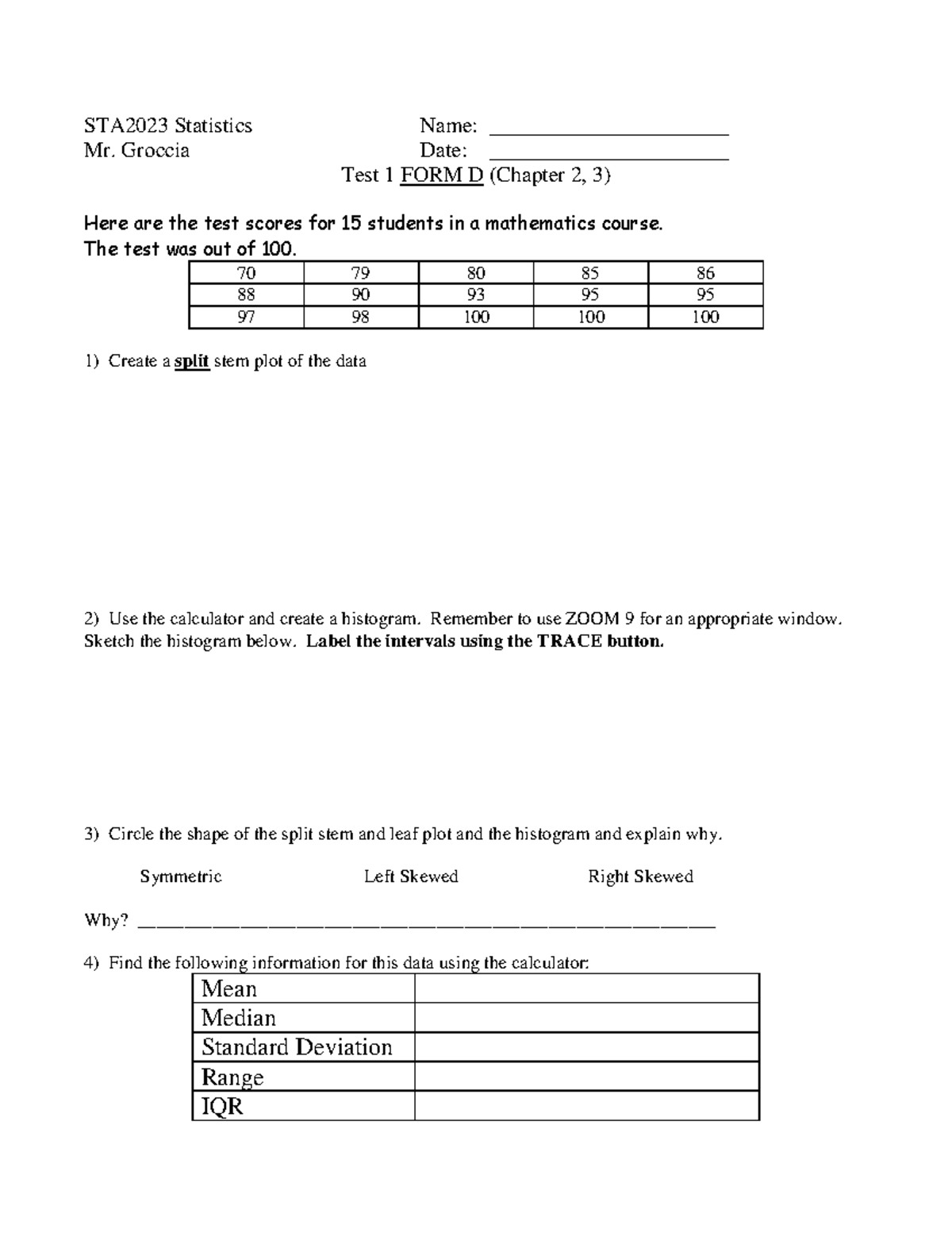 Statistics Test 1 FORM D (STA2023) - Spring 2021 Study Guide - Studocu