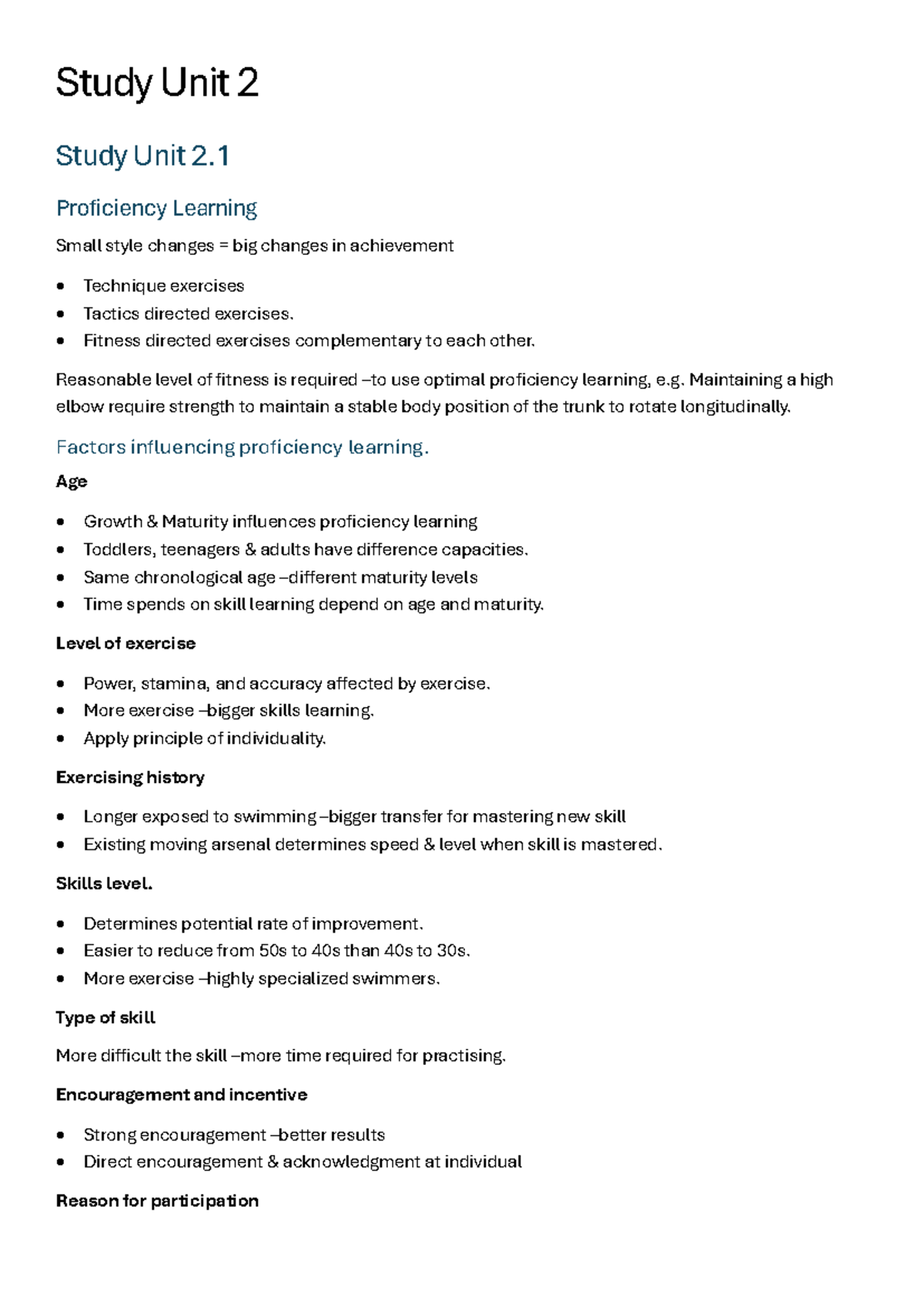 Study Unit 2: Proficiency Learning and Coaching Techniques in Swimming ...