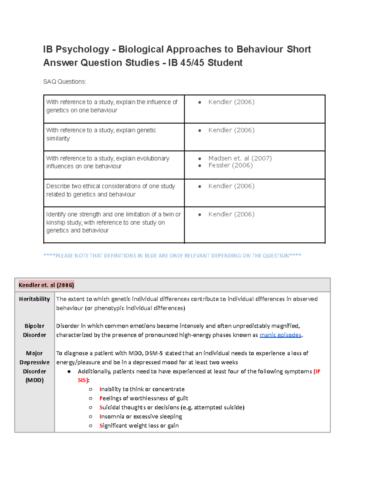 IB Psychology - Biological Approaches to Behaviour SAQ Studies Overview ...