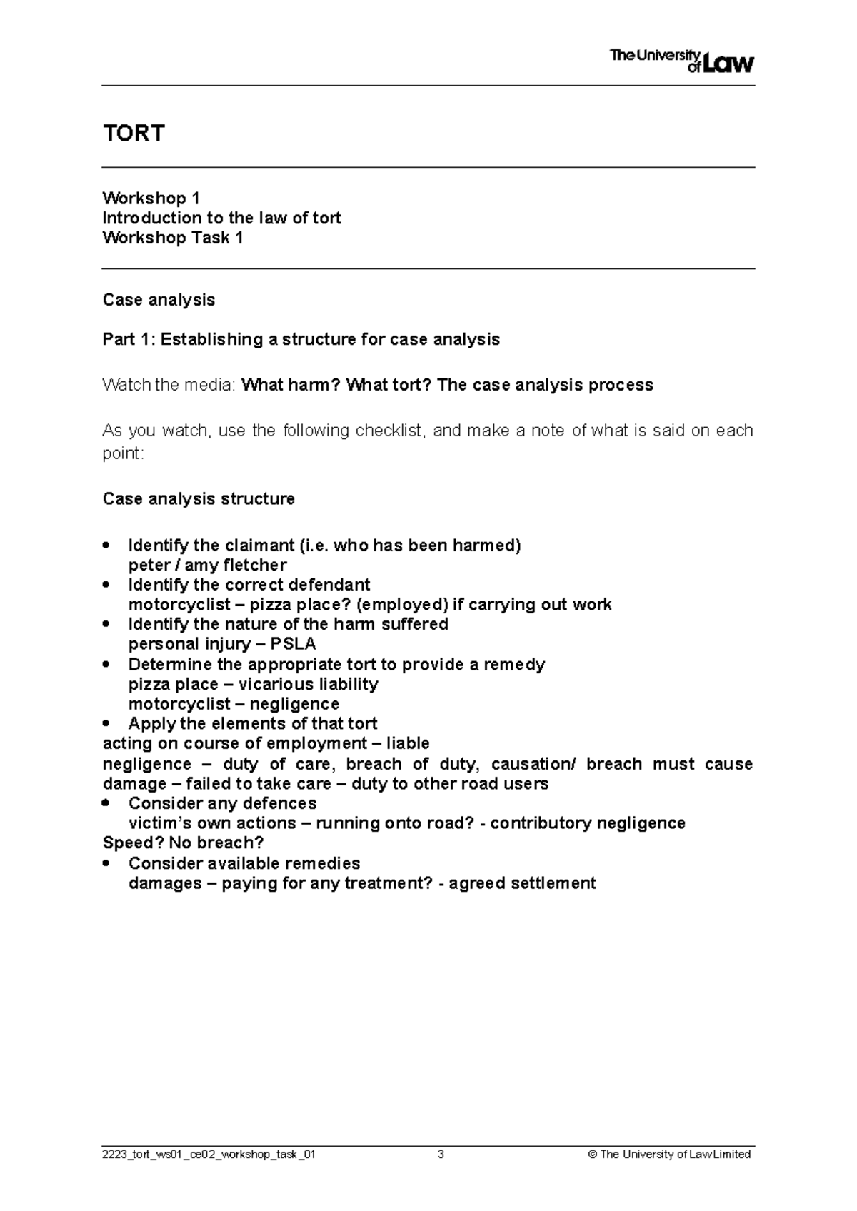 Tort law workshop 1 (task 1) - TORT Workshop 1 Introduction to the law ...