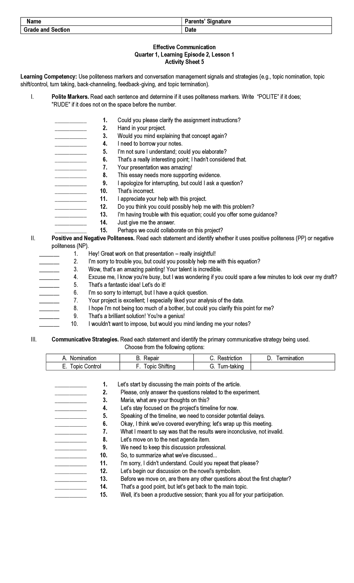 EC 101 - Effective Communication: Quarter 1, Lesson 1 Activity Sheet 5 - Document Preview