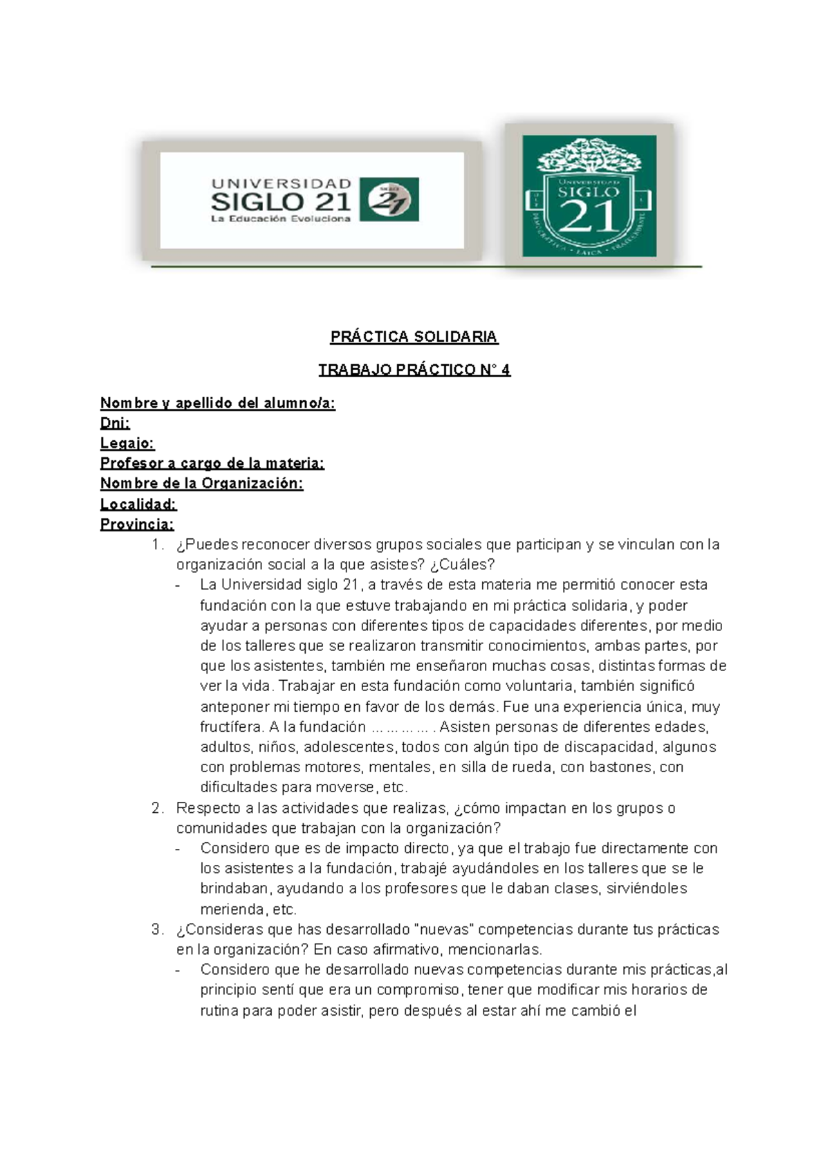 TP 4 - PRÁCTICA SOLIDARIA: Reflexiones y Aprendizajes en la Fundación ...