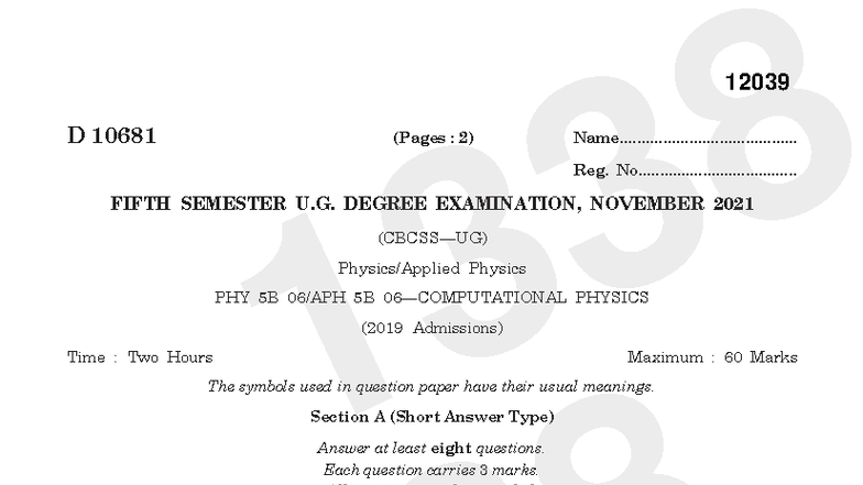 FIFTH SEMESTER U.G. DEGREE EXAM: Computational Physics PHY 5B (Nov 2021 ...