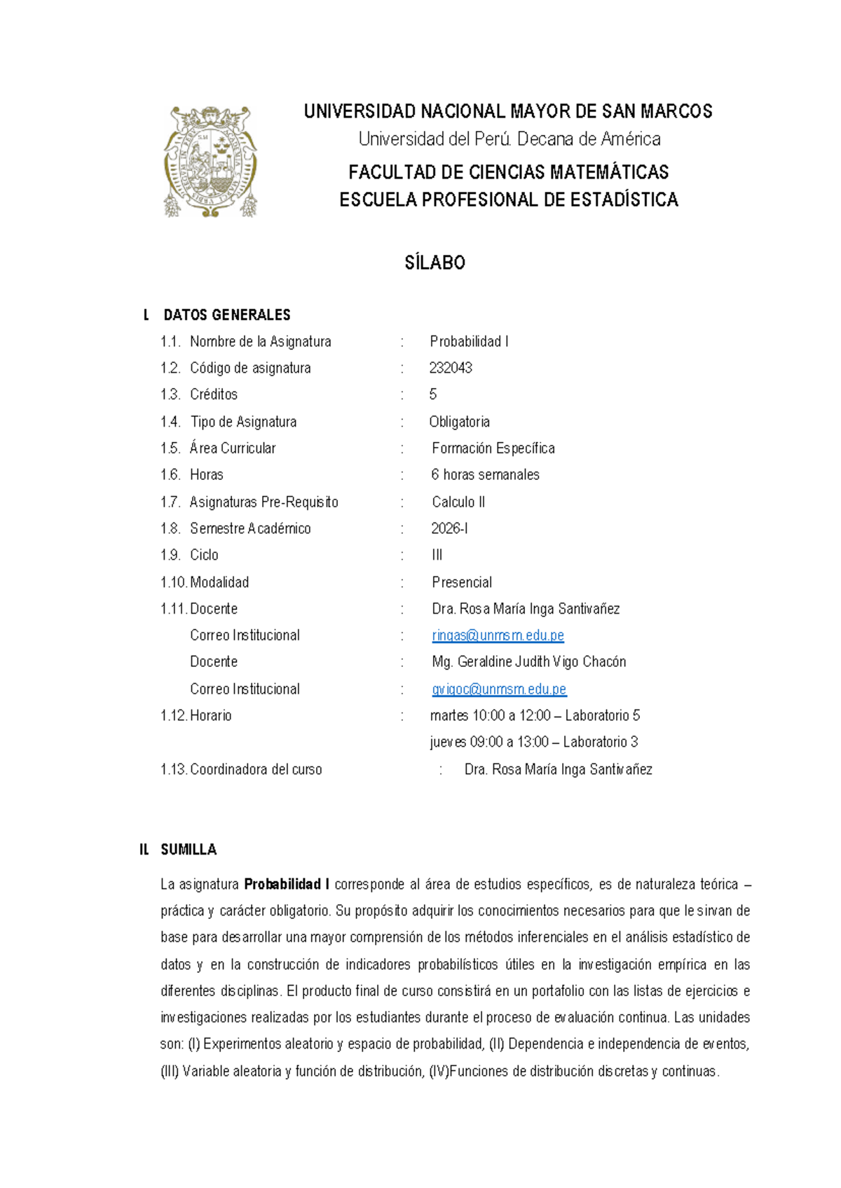Sílabo de Probabilidad I (232043) - 2026-1 - Document Preview