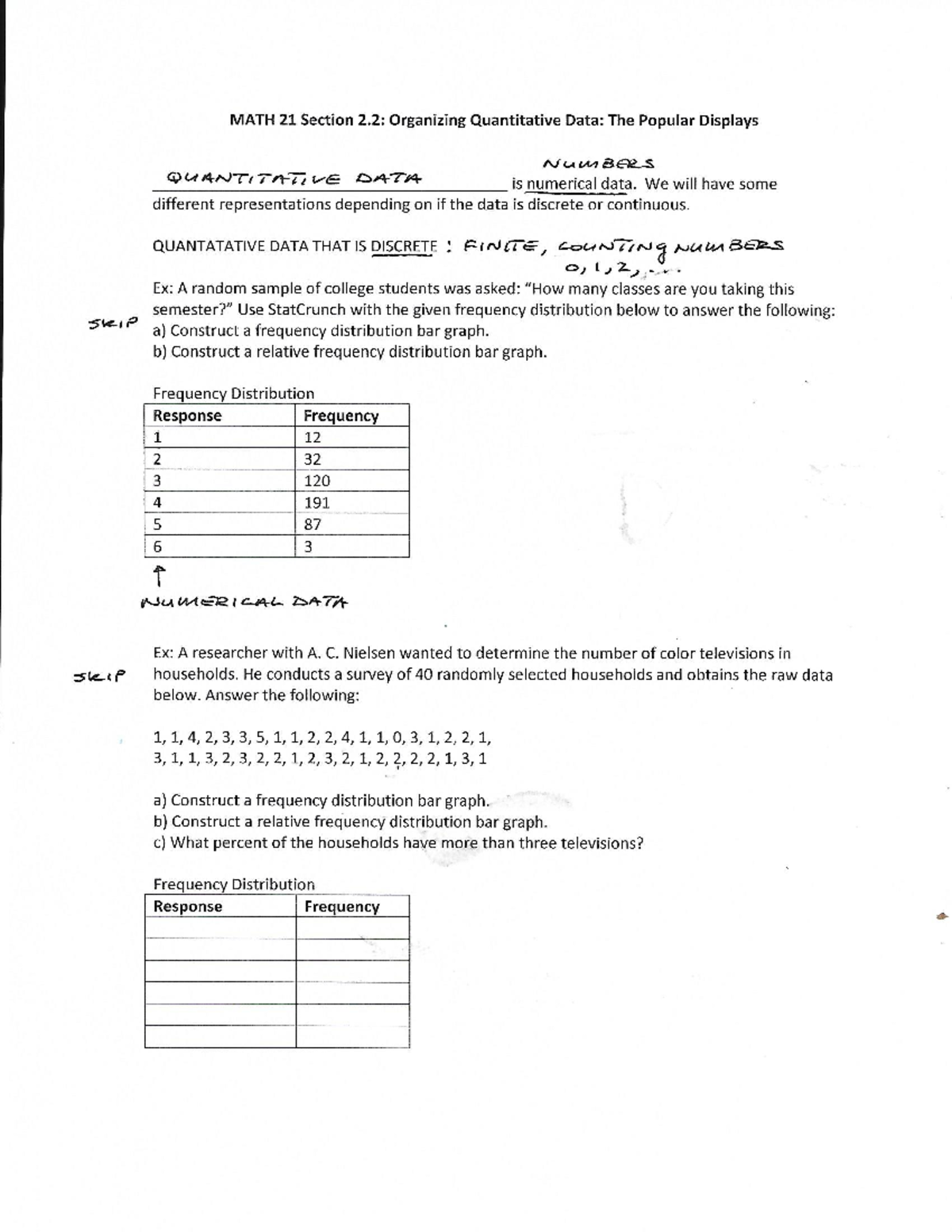 Chapter 2.2 Notes - MATH 21 Section 2: Organizing Quantitative Data ...