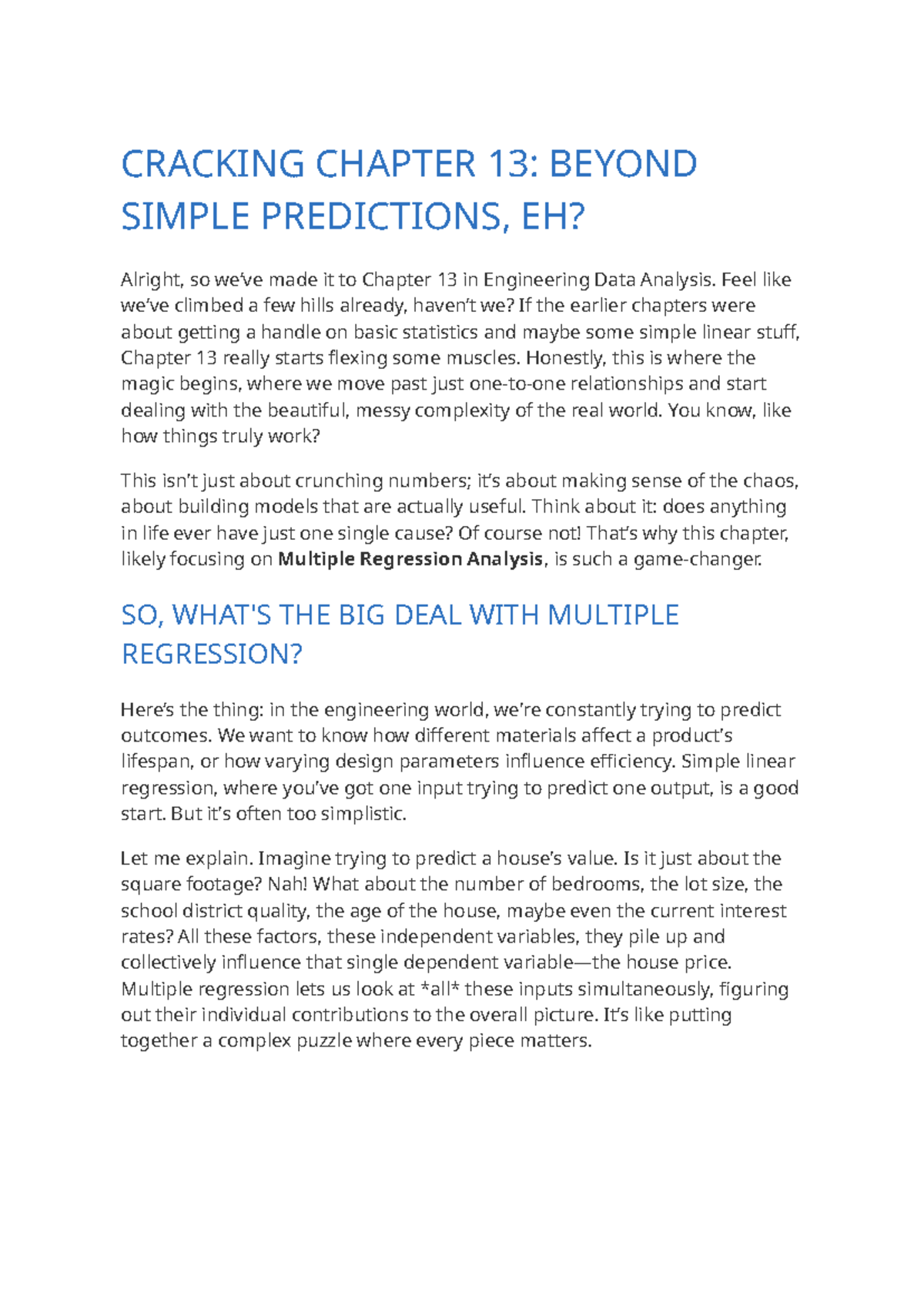 ENG DATA ANALYSIS: CH 13 - MASTERING MULTIPLE REGRESSION - Studocu