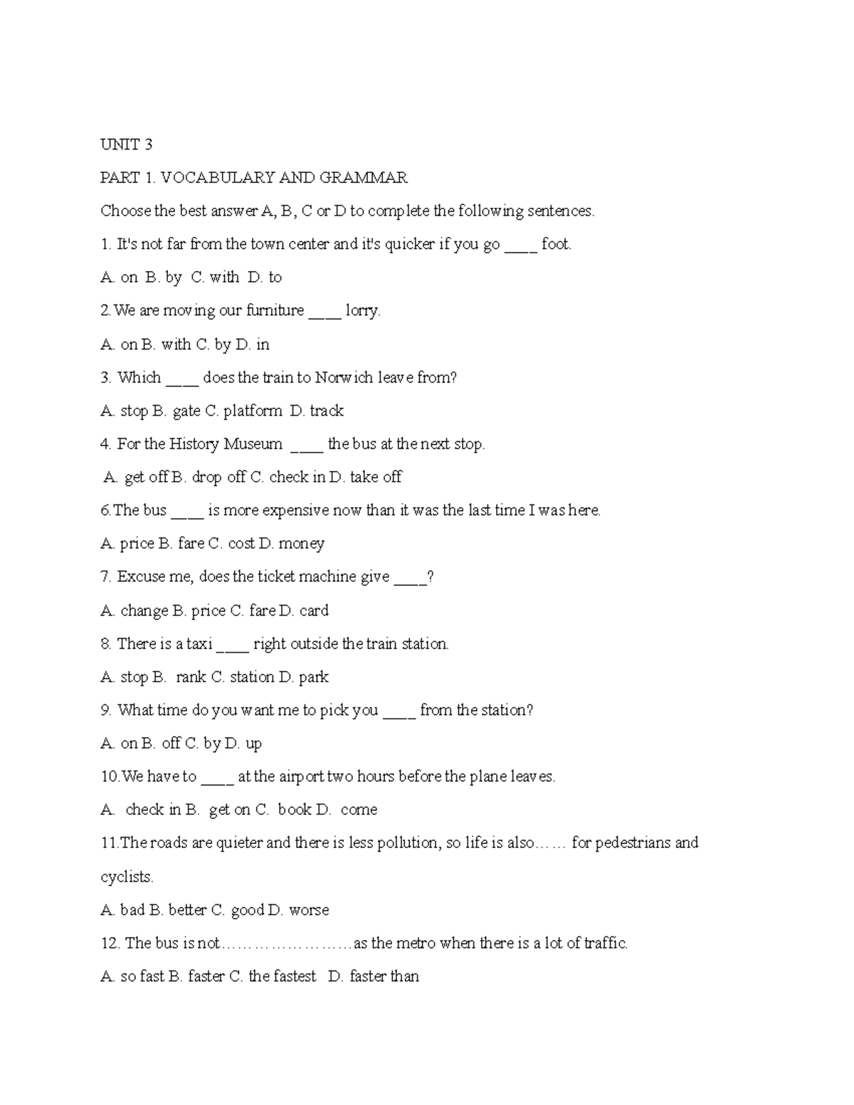 Tiếng Anh Unit 3 & 4: Vocabulary and Grammar Exercises - Studocu