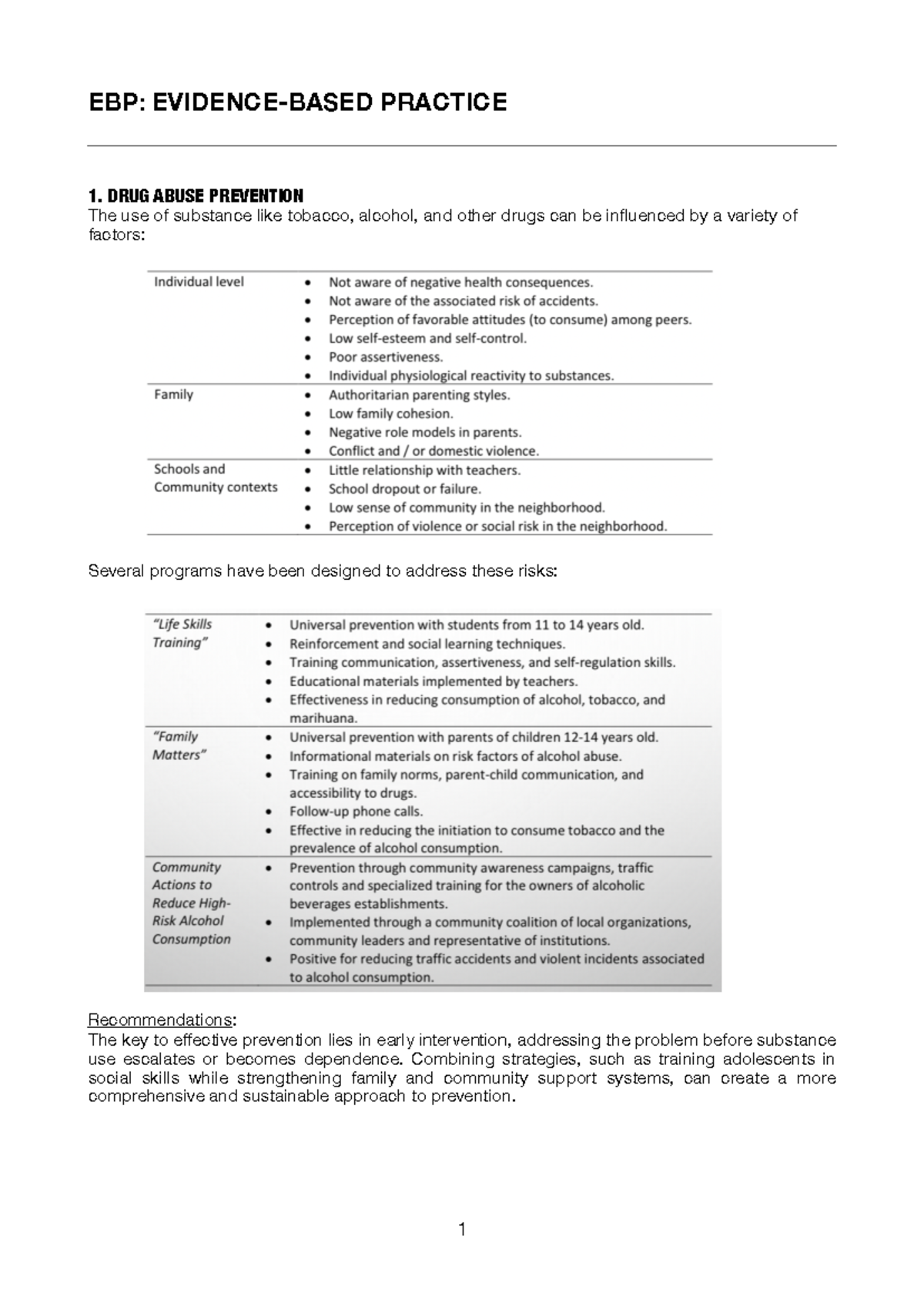 EBP Comunitaria - appunti - EBP: EVIDENCE-BASED PRACTICE 1. DRUG ABUSE ...