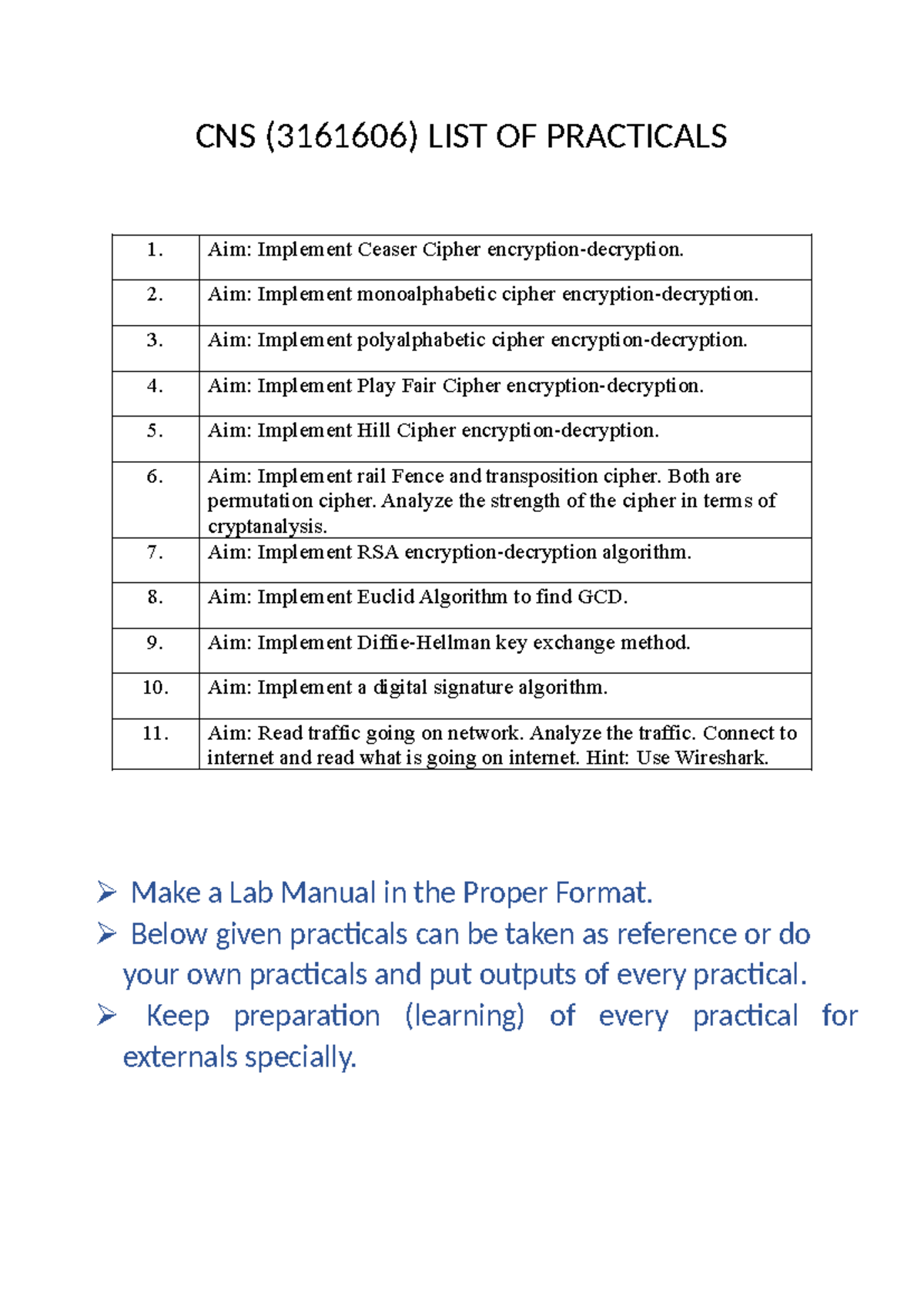 CNS (3161606) Lab Manual for Practical Implementations of Ciphers - Studocu