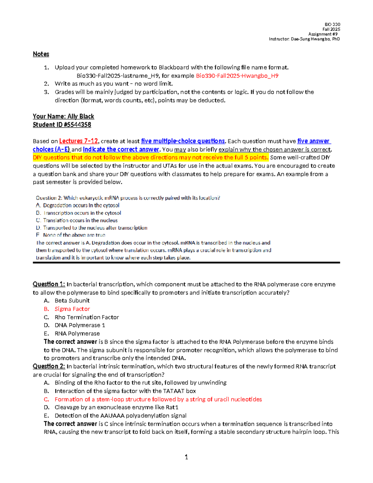 BIO 330 Fall 2025 HW 09 - DIY Questions & Answers Guide - Studocu