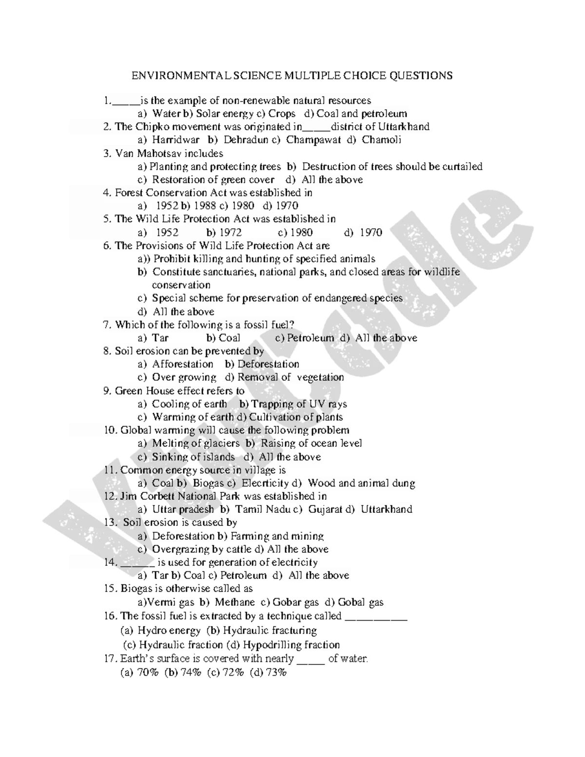18CIV59 Environmental Studies Previous Year Question Paper - Version A ...
