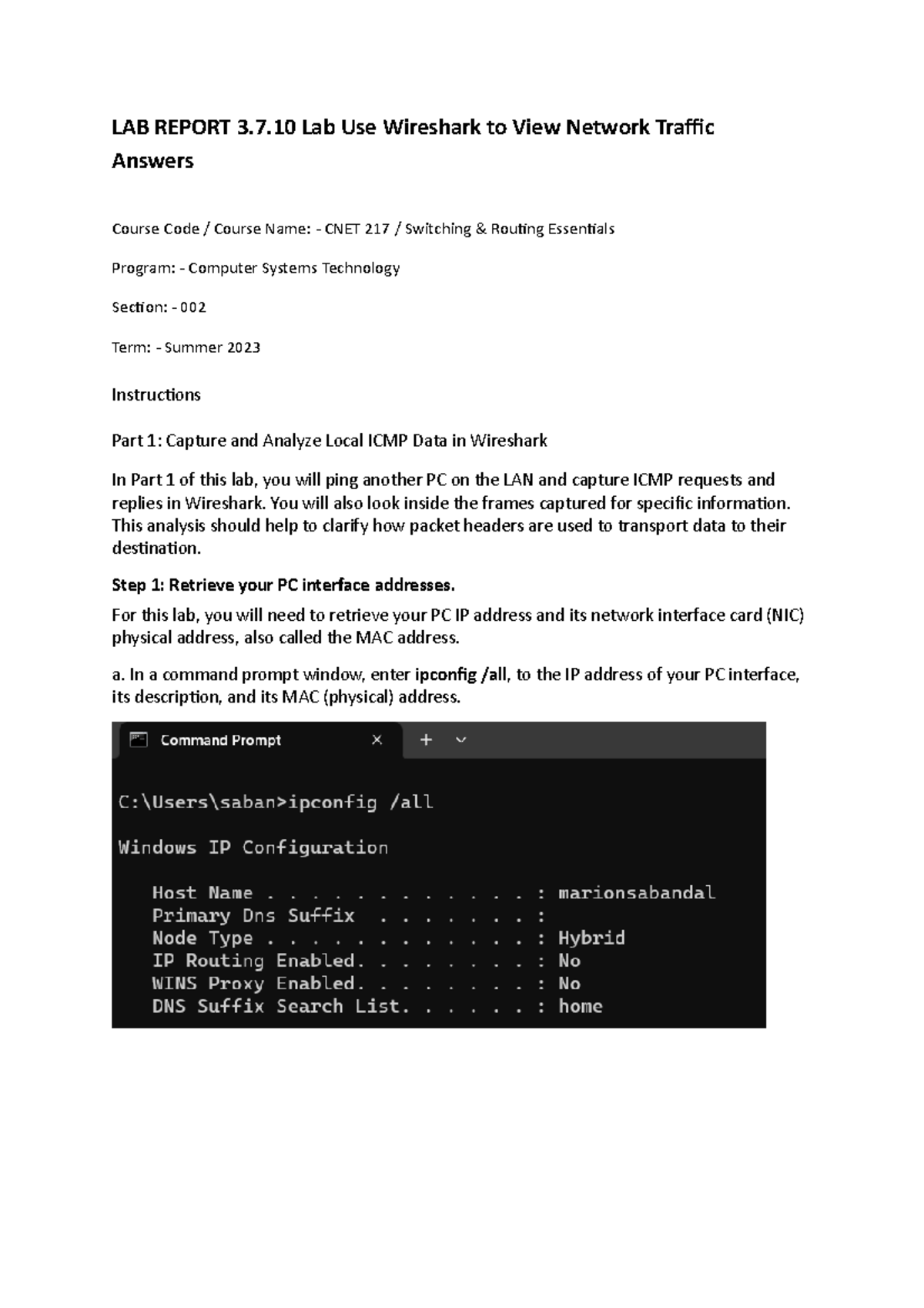 CNET 217 - Lab 3: Analyzing ICMP Data with Wireshark - Studocu