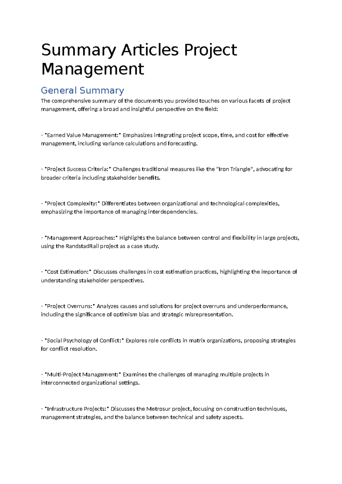 Summary of Project Management Concepts and Theories for Course PM101 ...