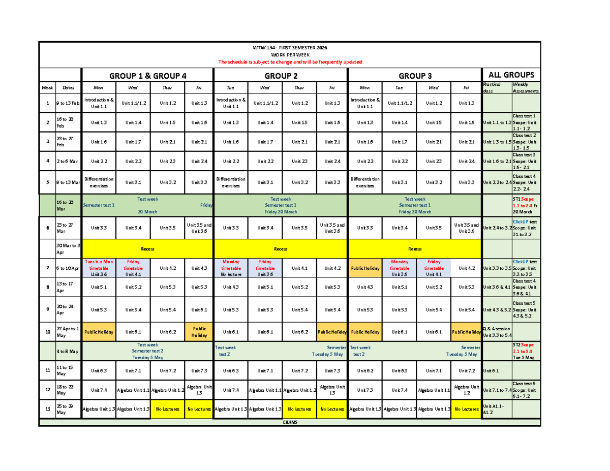 WTW 134 Weekly Work Schedule for First Semester 2026 - Studocu
