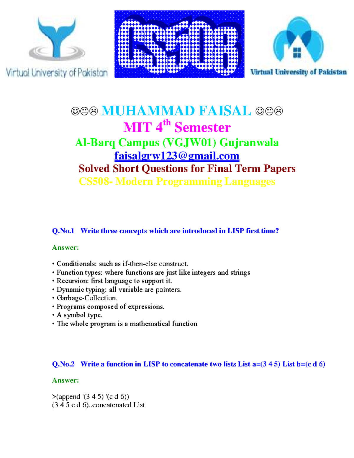 Cs508 Final Term Solved Short Questions on Modern Programming Languages ...