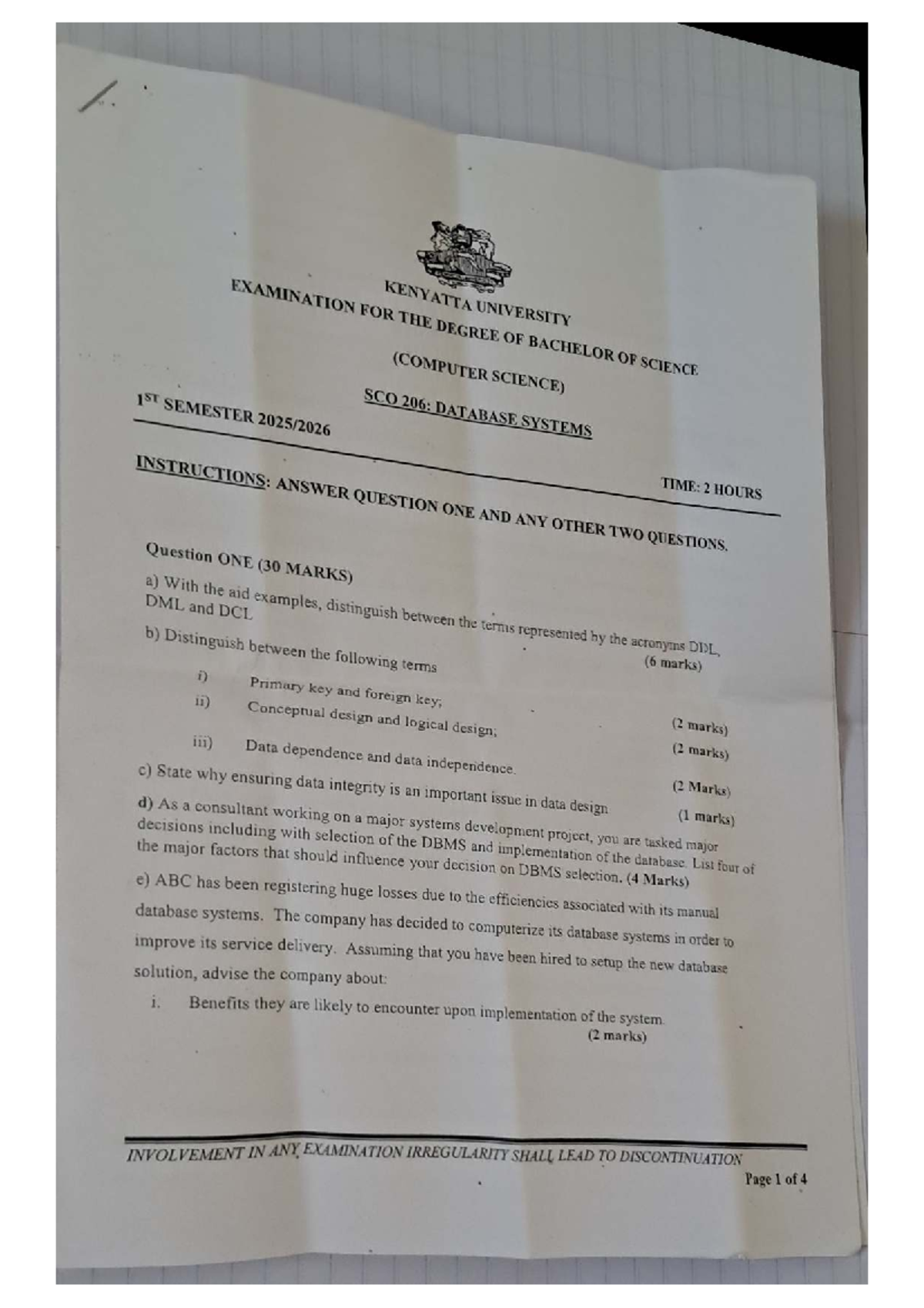SCO 206: Database Systems 1st Semester Past Exam Paper - Studocu