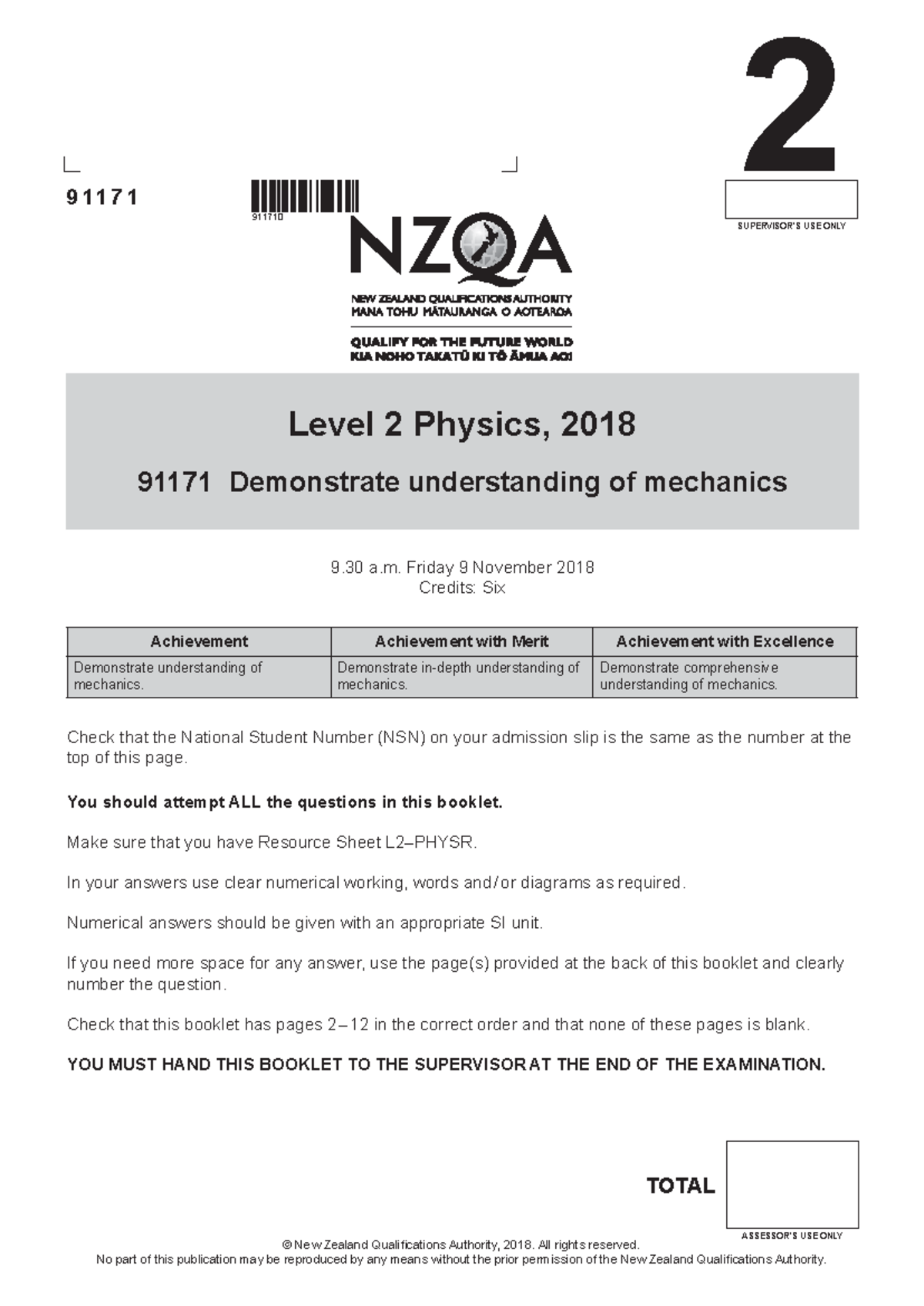 NCEA Level 2 Physics 91171 Mechanics Exam Papers 2018 - Studocu