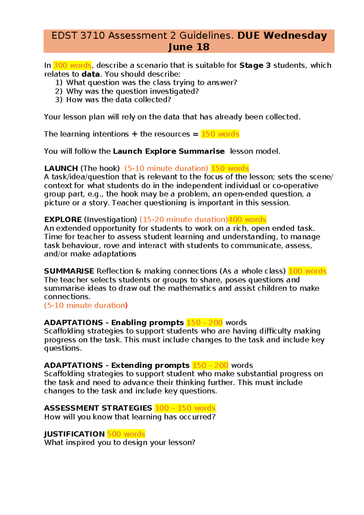 EDST 3710 Assessment 2: Stage 3 Data Lesson Plan Guidelines - Studocu