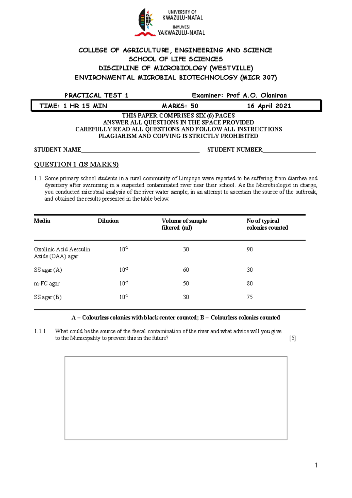 MICR 307 Environmental Microbial Biotechnology Practical Test 1 - 16 ...