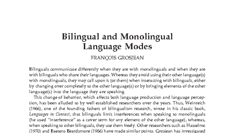GROSJEAN 10: Bilingual vs Monolingual Language Use and Modes - Studocu