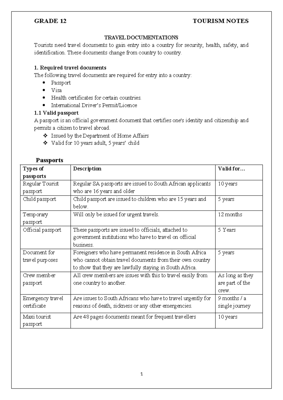 GRADE 12 TOURISM NOTES: Essential Travel Documents for Tourists - Studocu