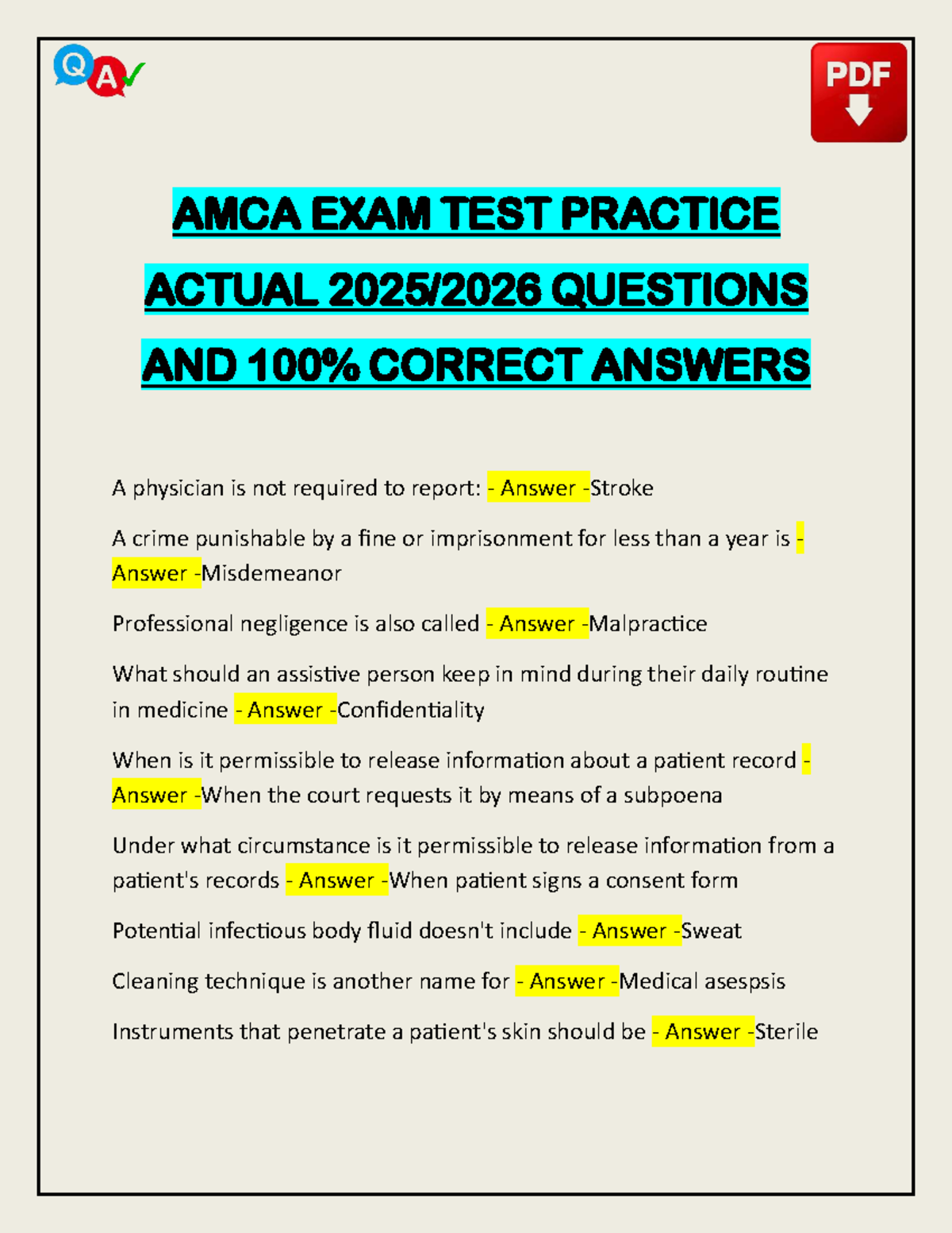 AMCA 2026 Exam Test Practice: Questions & Answers Guide - Studocu