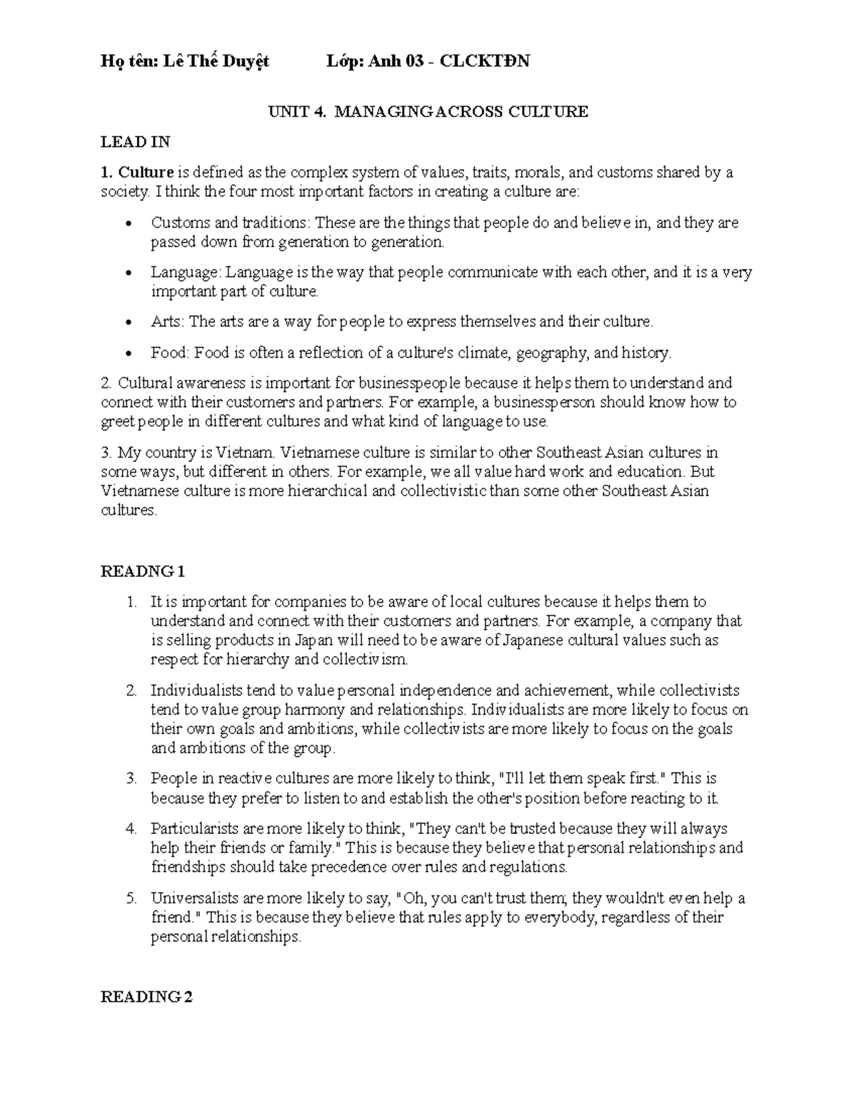 UNIT 4 - Homework on Managing Across Culture Insights - Studocu