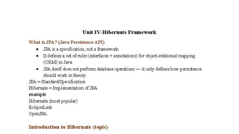 FSD UNIT IV - Comprehensive Guide to JPA and Hibernate - Studocu