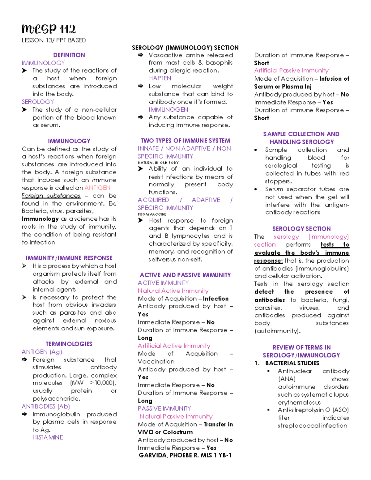 MLSP 112 LESSON PPT: Overview of Immunology and Serology Concepts - Studocu