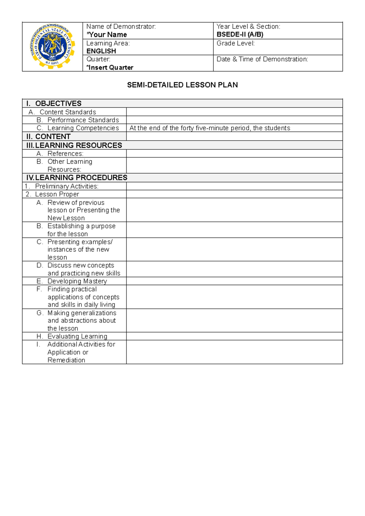 LP Format - Name of Demonstrator: Year Level & Section: *Your Name ...