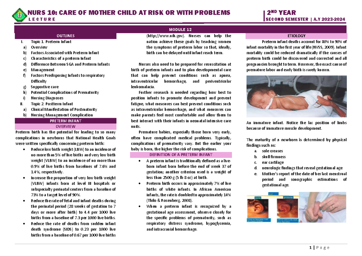 MCN 2023 Lecture Notes: Preterm and Postterm Infants Analysis - Studocu