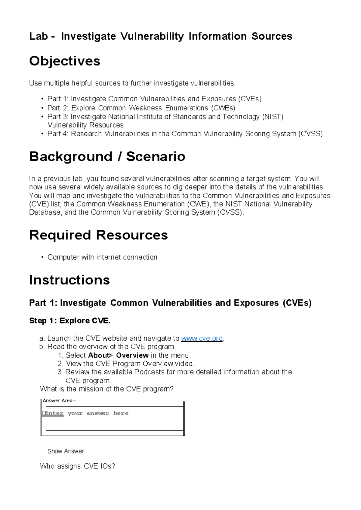 LAB 5 - Investigating Vulnerability Sources: CVEs, CWEs, NIST, CVSS ...