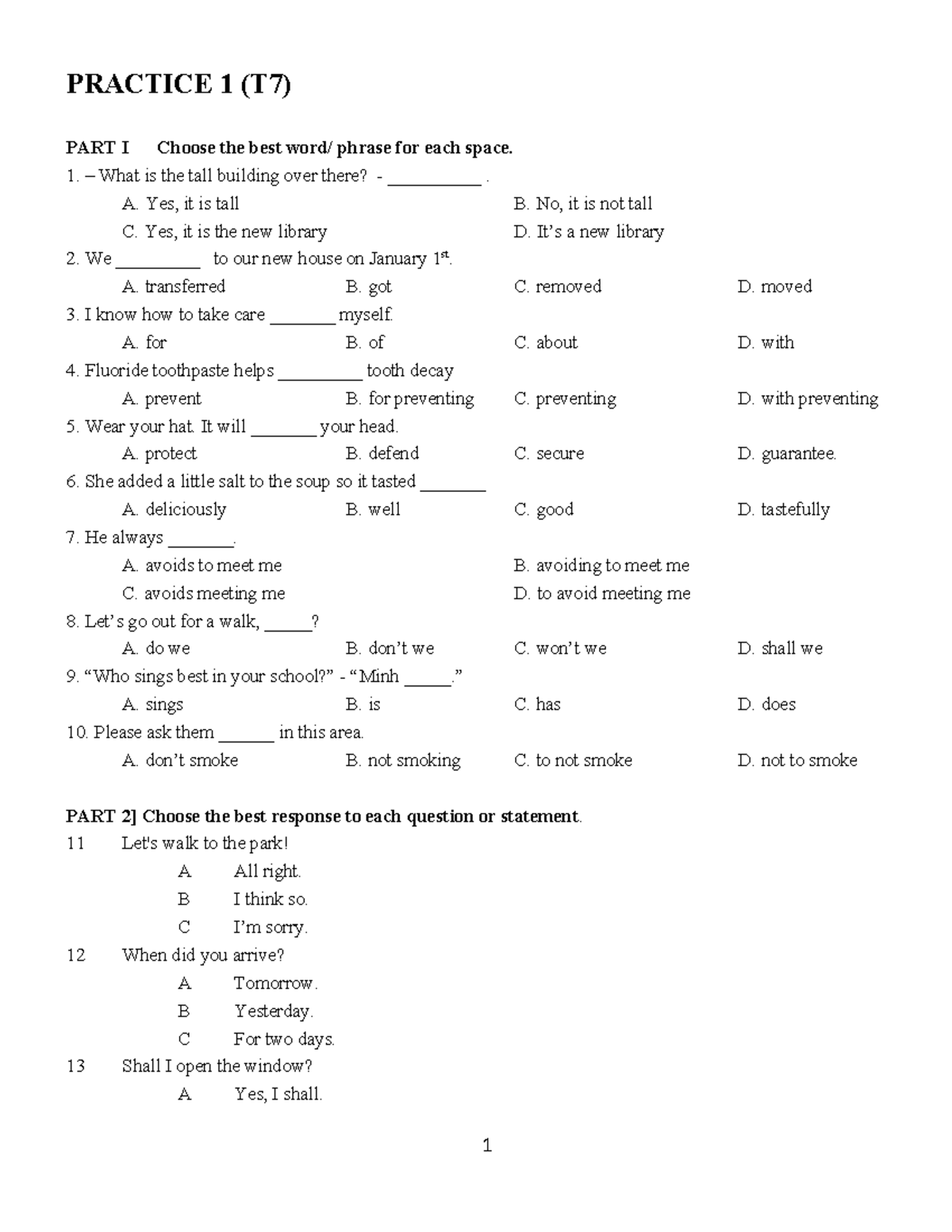 Midterm Practice Test for DT Course: Vocabulary and Conversation Skills ...