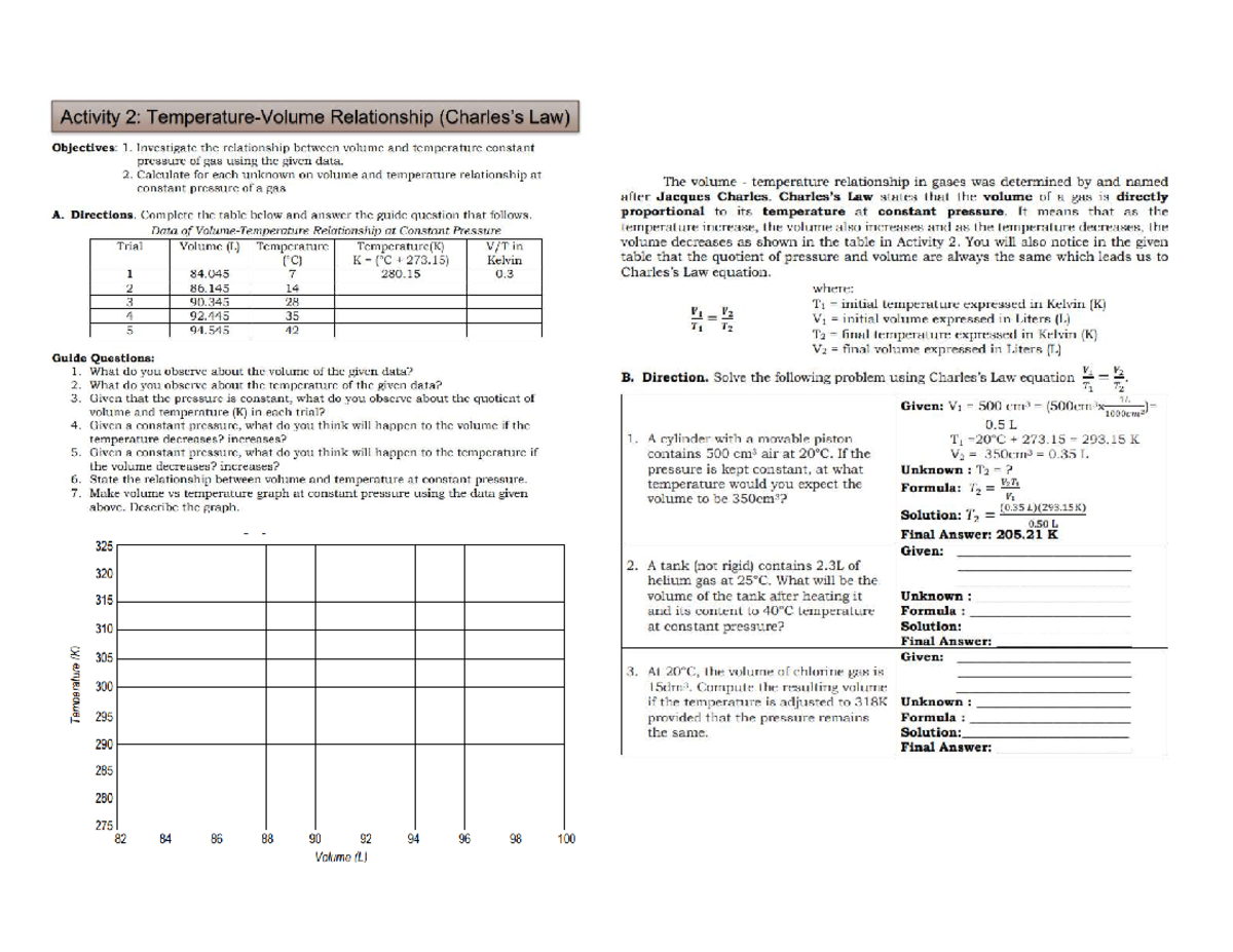 Charles' Law Activity 2: Volume-Temperature Relationship at Constant ...