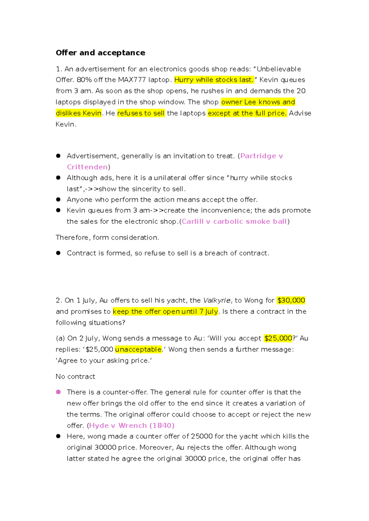 CityU LAW1011 Tutorial Work: Offer and Acceptance Analysis - Studocu