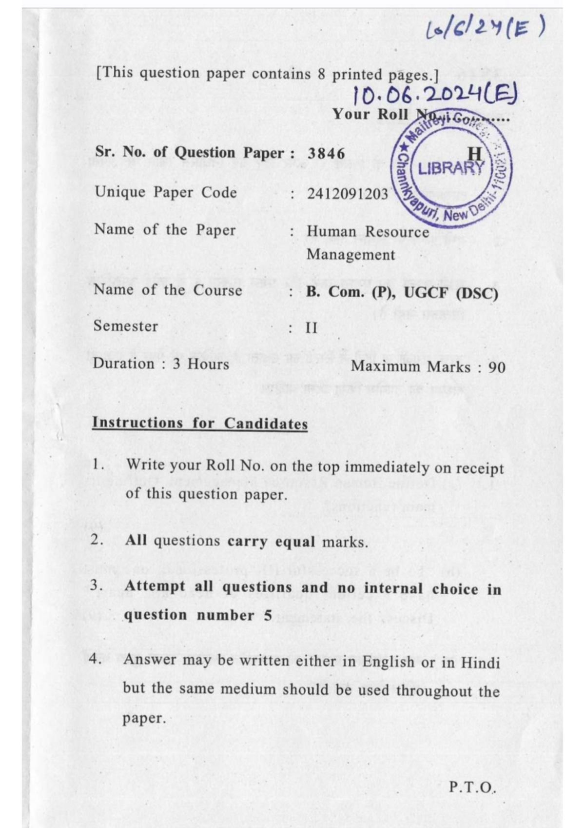 HRM Question Paper B.Com (P) II Sem - June 2024 - Max Marks: 90 - Studocu