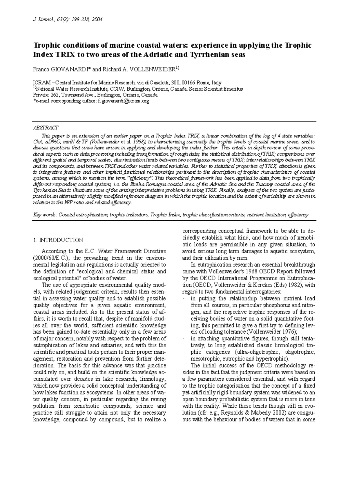 Trophic Conditions of Coastal Waters: TRIX Index Applications in ...