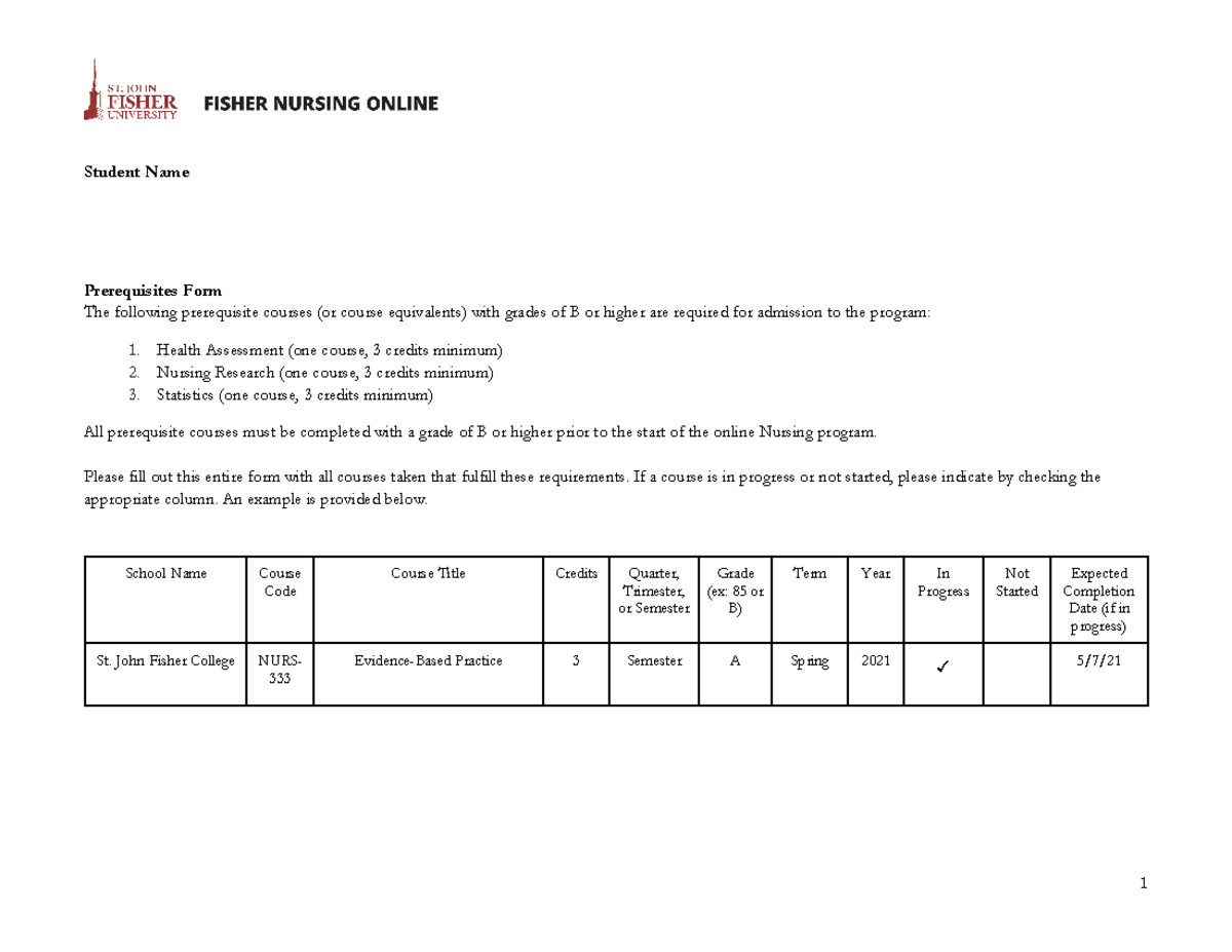 NURS 101 Prerequisite Form for Nursing Program Admission - Studocu